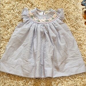 Blue Striped Smocked Dress with Embroidered Bunny Design